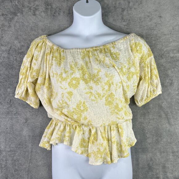 Free People Medium Yellow White Blouse Peplum Cropped Top‎ Off Shoulder - Picture 1 of 11